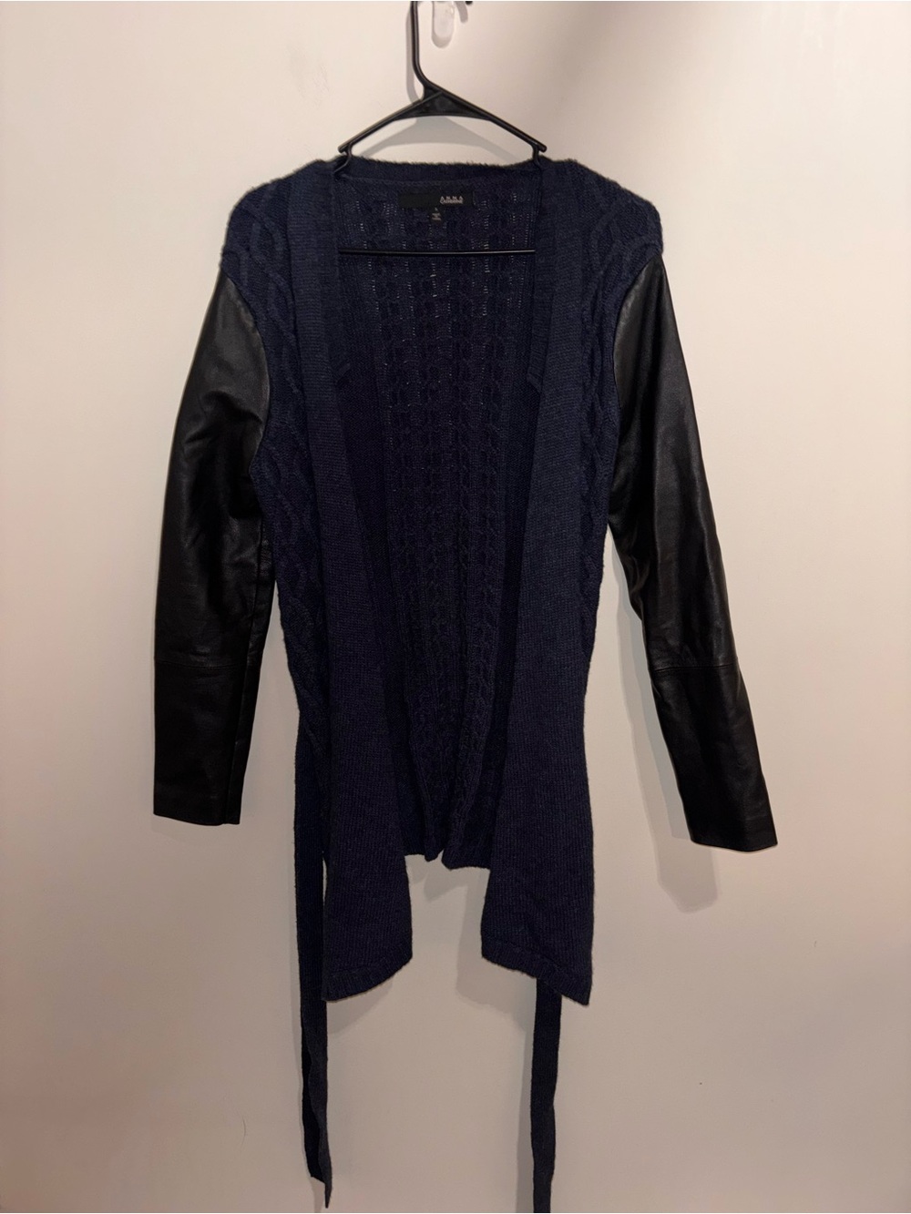 Cable Knit Open Front Cardigan with Faux Leather Sleeves - Navy
